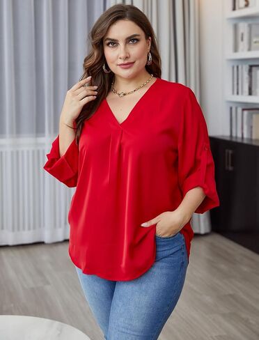XIEERDUO 3/4 Sleeve Blouses for Women Business Casual V Neck Chiffon Shirts Tops in Saudi Arabia