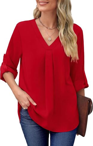 XIEERDUO 3/4 Sleeve Blouses for Women Business Casual V Neck Chiffon Shirts Tops in Saudi Arabia
