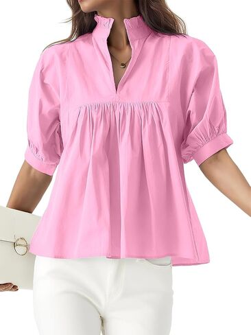 Womens Babydoll Peplum Tops Short Puff Sleeve Blouse V-Neck Pleated Loose Fit Dressy Casual Shirts in Saudi Arabia