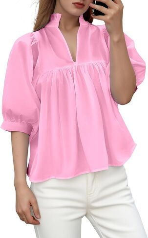 Womens Babydoll Peplum Tops Short Puff Sleeve Blouse V-Neck Pleated Loose Fit Dressy Casual Shirts in Saudi Arabia