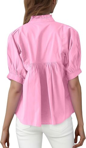 Womens Babydoll Peplum Tops Short Puff Sleeve Blouse V-Neck Pleated Loose Fit Dressy Casual Shirts in Saudi Arabia