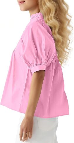 Womens Babydoll Peplum Tops Short Puff Sleeve Blouse V-Neck Pleated Loose Fit Dressy Casual Shirts in Saudi Arabia