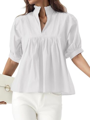 Womens Babydoll Peplum Tops Short Puff Sleeve Blouse V-Neck Pleated Loose Fit Dressy Casual Shirts in Saudi Arabia