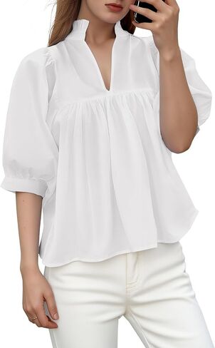 Womens Babydoll Peplum Tops Short Puff Sleeve Blouse V-Neck Pleated Loose Fit Dressy Casual Shirts in Saudi Arabia