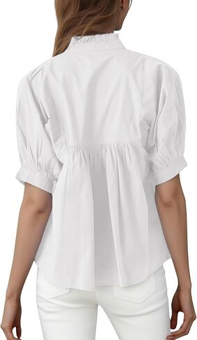 Womens Babydoll Peplum Tops Short Puff Sleeve Blouse V-Neck Pleated Loose Fit Dressy Casual Shirts in Saudi Arabia