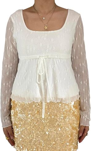 Women Lace Babydoll Top Square Neck Long Sleeve Peplum Shirt Flowy Tie Front Ruffle Blouse in Saudi Arabia