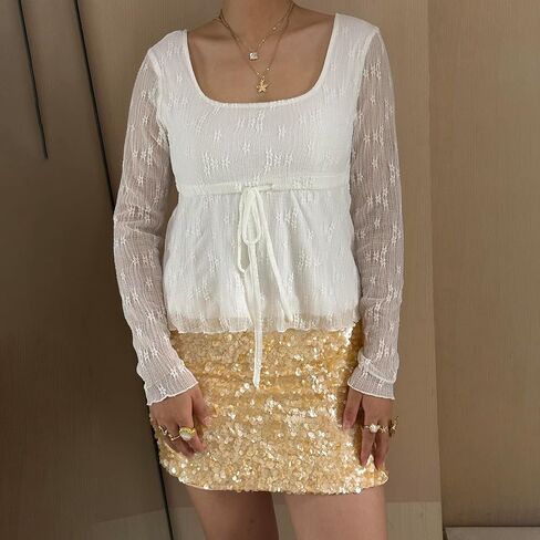 Women Lace Babydoll Top Square Neck Long Sleeve Peplum Shirt Flowy Tie Front Ruffle Blouse in Saudi Arabia