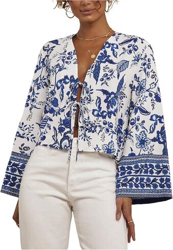 Floerns Women's Boho Floral Tie Front Blouse Bell Sleeve V Neck Elegant Shirt Top in Saudi Arabia