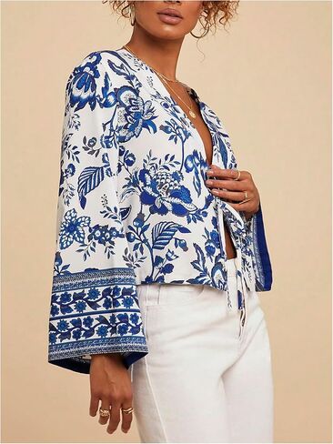 Floerns Women's Boho Floral Tie Front Blouse Bell Sleeve V Neck Elegant Shirt Top in Saudi Arabia
