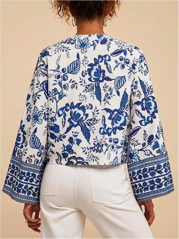 Floerns Women's Boho Floral Tie Front Blouse Bell Sleeve V Neck Elegant Shirt Top in Saudi Arabia
