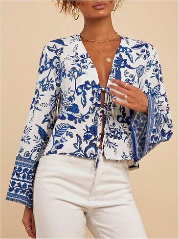 Floerns Women's Boho Floral Tie Front Blouse Bell Sleeve V Neck Elegant Shirt Top in Saudi Arabia