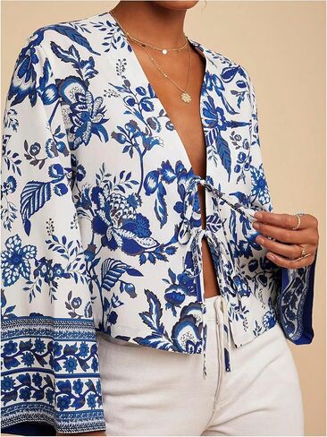 Floerns Women's Boho Floral Tie Front Blouse Bell Sleeve V Neck Elegant Shirt Top in Saudi Arabia