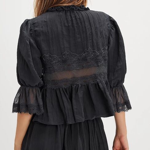 Women Tie Front Peplum Tops Sheer Lace Patchwork Short Sleeve Blouse Fairy Ruffle Babydoll Shirt Cute Going Out Top in Saudi Arabia