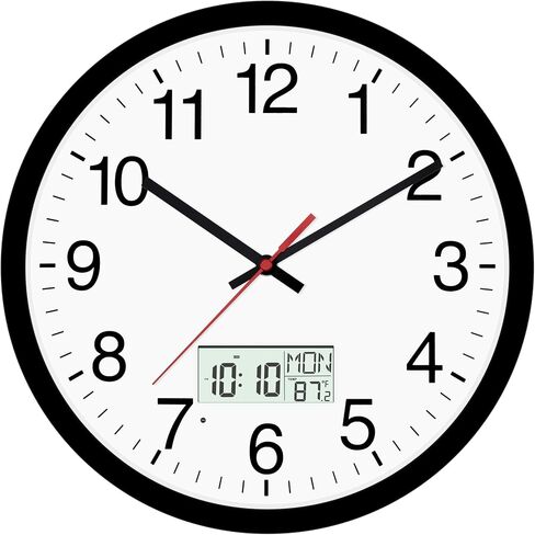 ساعة حائط رقمية مع درجة حرارة شاشة LCD مضيئة، أسبوع، وقت قابل للتحويل وتقويم دائم، وظيفة التوقيت الصيفي، ساعة تناظرية تعمل بالبطارية الصامتة لغرفة النوم المكتبية (12 بوصة، أسود) in Saudi Arabia