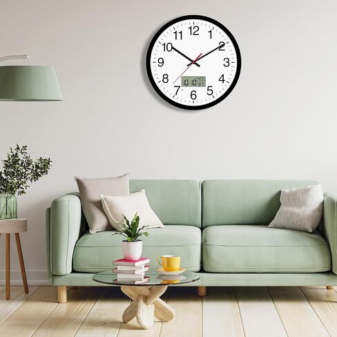 ساعة حائط رقمية مع درجة حرارة شاشة LCD مضيئة، أسبوع، وقت قابل للتحويل وتقويم دائم، وظيفة التوقيت الصيفي، ساعة تناظرية تعمل بالبطارية الصامتة لغرفة النوم المكتبية (12 بوصة، أسود) in Saudi Arabia