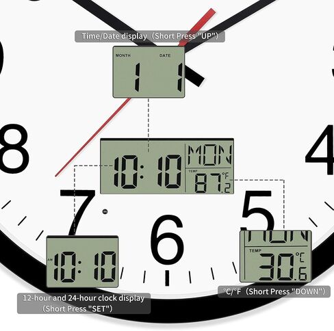 ساعة حائط رقمية مع درجة حرارة شاشة LCD مضيئة، أسبوع، وقت قابل للتحويل وتقويم دائم، وظيفة التوقيت الصيفي، ساعة تناظرية تعمل بالبطارية الصامتة لغرفة النوم المكتبية (12 بوصة، أسود) in Saudi Arabia