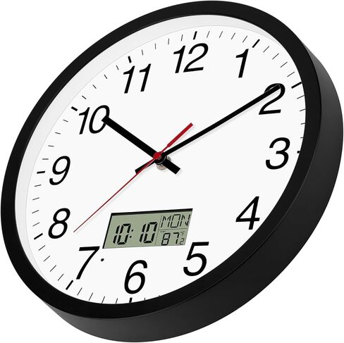 ساعة حائط رقمية مع درجة حرارة شاشة LCD مضيئة، أسبوع، وقت قابل للتحويل وتقويم دائم، وظيفة التوقيت الصيفي، ساعة تناظرية تعمل بالبطارية الصامتة لغرفة النوم المكتبية (12 بوصة، أسود) in Saudi Arabia