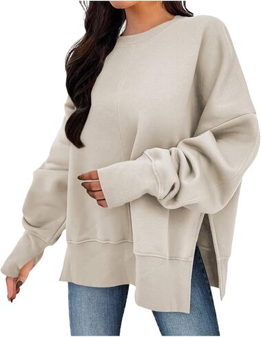 Crew Neck Sweatshirts Women Oversized Sweatshirt Long Sleeve Hoodies Casual Slit Sloucthy Trendy Pullover Clothes in Saudi Arabia