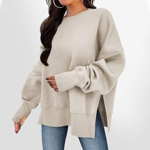 Crew Neck Sweatshirts Women Oversized Sweatshirt Long Sleeve Hoodies Casual Slit Sloucthy Trendy Pullover Clothes in Saudi Arabia