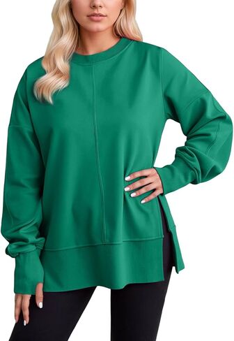 Crew Neck Sweatshirts Women Oversized Sweatshirt Long Sleeve Hoodies Casual Slit Sloucthy Trendy Pullover Clothes in Saudi Arabia