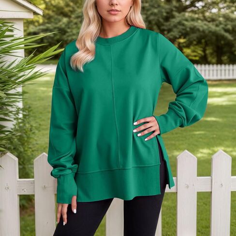 Crew Neck Sweatshirts Women Oversized Sweatshirt Long Sleeve Hoodies Casual Slit Sloucthy Trendy Pullover Clothes in Saudi Arabia