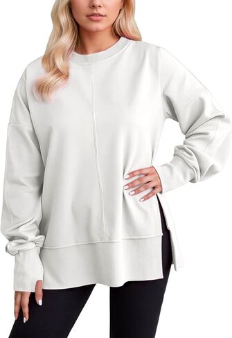 Crew Neck Sweatshirts Women Oversized Sweatshirt Long Sleeve Hoodies Casual Slit Sloucthy Trendy Pullover Clothes in Saudi Arabia