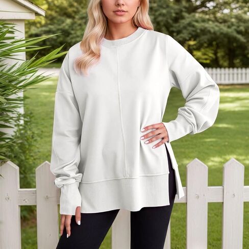 Crew Neck Sweatshirts Women Oversized Sweatshirt Long Sleeve Hoodies Casual Slit Sloucthy Trendy Pullover Clothes in Saudi Arabia