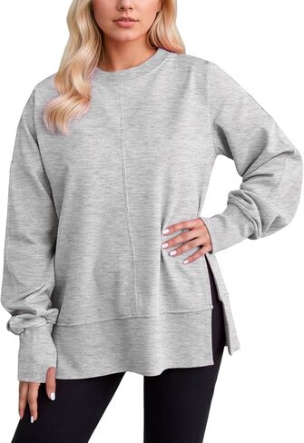 Crew Neck Sweatshirts Women Oversized Sweatshirt Long Sleeve Hoodies Casual Slit Sloucthy Trendy Pullover Clothes in Saudi Arabia