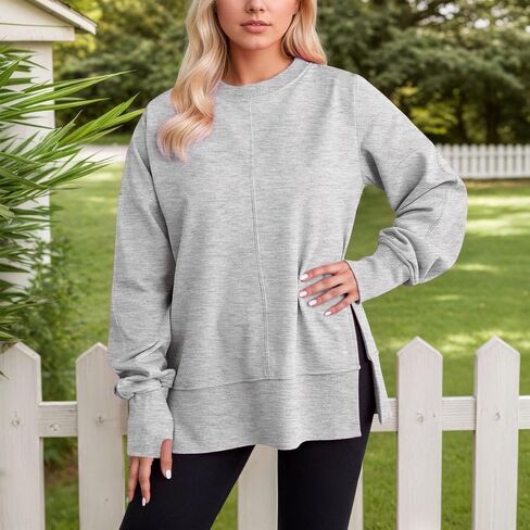Crew Neck Sweatshirts Women Oversized Sweatshirt Long Sleeve Hoodies Casual Slit Sloucthy Trendy Pullover Clothes in Saudi Arabia