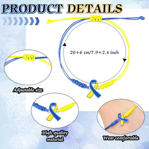 Sasylvia 20/50/100 Pcs Blue Yellow Down Syndrome Awareness Bracelets Adjustable Cord Stretch Bracelets Childhood Down Syndrome Awareness Month Prevention Gifts for Women Men Jewelry in Saudi Arabia