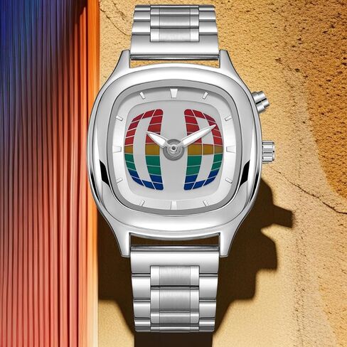 PINTIME Mens Retro Square Stainless Steel Wristwatch, Unique 3D Grid Dial Design, Fashion Quartz Watch with Silver Strap, Stylish for Casual & Formal Occasions in Saudi Arabia