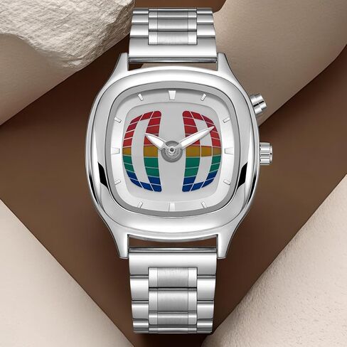PINTIME Mens Retro Square Stainless Steel Wristwatch, Unique 3D Grid Dial Design, Fashion Quartz Watch with Silver Strap, Stylish for Casual & Formal Occasions in Saudi Arabia
