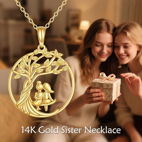 14K Real Gold Sister Necklace Solid Yellow Gold Tree of Life Pendant Jewelry Birthday Mother's Day Anniversary Christmas Gifts for Women Sister in Saudi Arabia