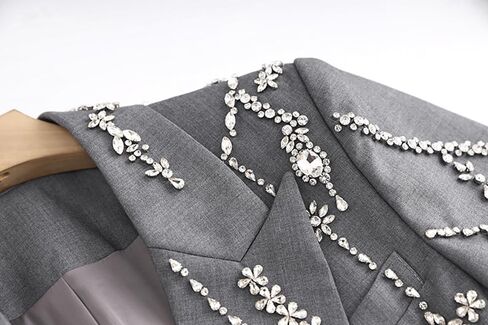 سترة نسائية طويلة مطرزة بحجر الراين سترة فاخرة لامعة مزدوجة الصدر وياقة مدببة بدلة موضة الزي in Kuwait