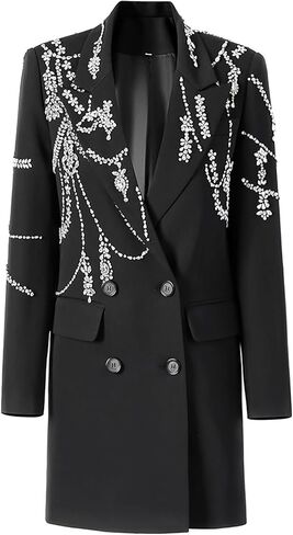 سترة نسائية طويلة مطرزة بحجر الراين سترة فاخرة لامعة مزدوجة الصدر وياقة مدببة بدلة موضة الزي in Kuwait