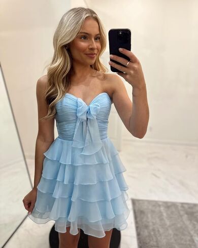 MisShow Strapless Chiffon Tiered Ruffle Homecoming Dresses 2025 for Teens Pleated Short Cocktail Party Prom Gowns in Saudi Arabia