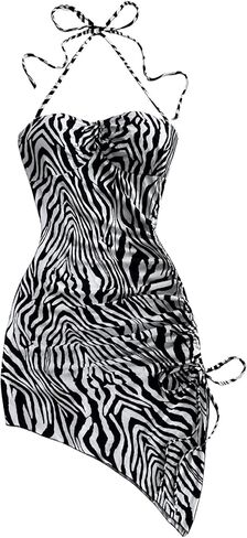 WDIRARA Women's Zebra Striped Sleeveless Halter Mini Dress Drawstring Split Side Asymmetrical Bodycon Dresses in Saudi Arabia