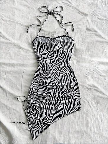 WDIRARA Women's Zebra Striped Sleeveless Halter Mini Dress Drawstring Split Side Asymmetrical Bodycon Dresses in Saudi Arabia