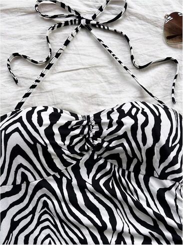 WDIRARA Women's Zebra Striped Sleeveless Halter Mini Dress Drawstring Split Side Asymmetrical Bodycon Dresses in Saudi Arabia
