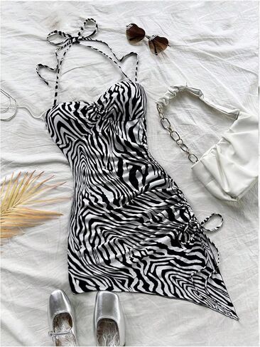 WDIRARA Women's Zebra Striped Sleeveless Halter Mini Dress Drawstring Split Side Asymmetrical Bodycon Dresses in Saudi Arabia