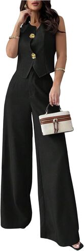 WDIRARA Women's 2 Piece Outfits Button Blazer Vest Wide Leg Pants Set Business Outfits in Saudi Arabia