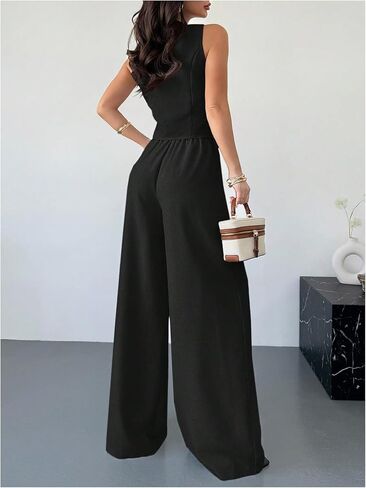 WDIRARA Women's 2 Piece Outfits Button Blazer Vest Wide Leg Pants Set Business Outfits in Saudi Arabia