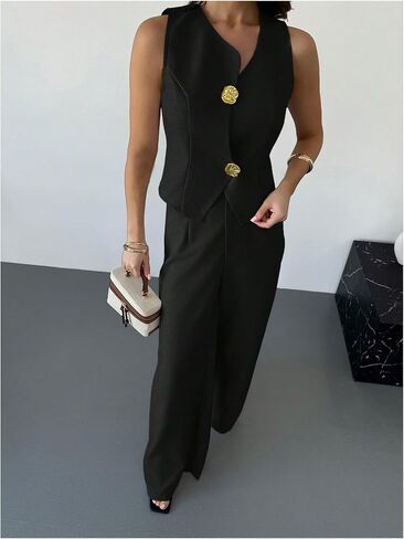 WDIRARA Women's 2 Piece Outfits Button Blazer Vest Wide Leg Pants Set Business Outfits in Saudi Arabia