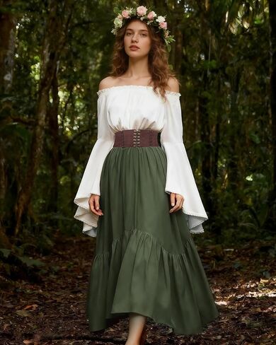 Renaissance Costume Women, High Waist Renaissance Skirt Flowy Skirt for Women with Pockets Belt in Saudi Arabia