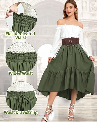 Renaissance Costume Women, High Waist Renaissance Skirt Flowy Skirt for Women with Pockets Belt in Saudi Arabia