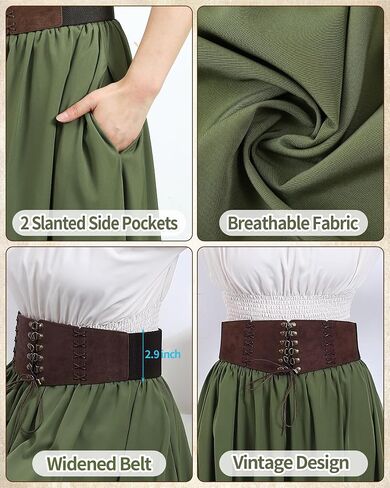 Renaissance Costume Women, High Waist Renaissance Skirt Flowy Skirt for Women with Pockets Belt in Saudi Arabia