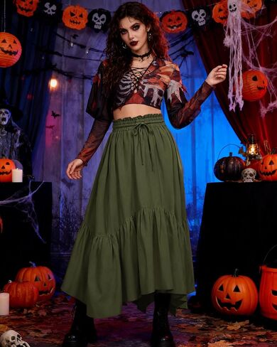 Renaissance Costume Women, High Waist Renaissance Skirt Flowy Skirt for Women with Pockets Belt in Saudi Arabia