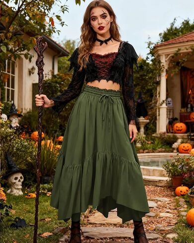 Renaissance Costume Women, High Waist Renaissance Skirt Flowy Skirt for Women with Pockets Belt in Saudi Arabia