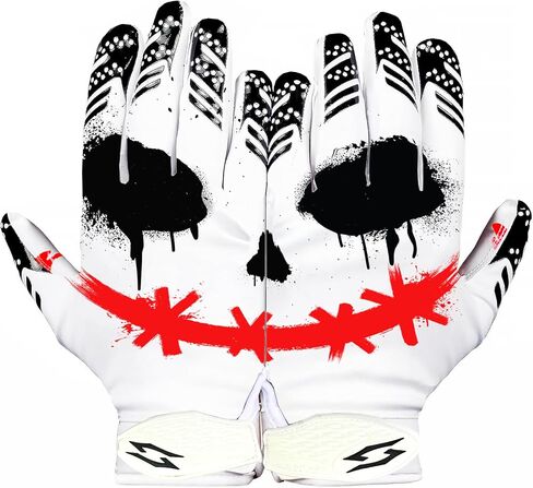 Joker Football Receiver Gloves White – White with Red Jester Smile Battle College Lineman Unleash Your Venom with Tacky Pro Grip Palms Football Gloves Men Adult Youth Kids Boys in Saudi Arabia