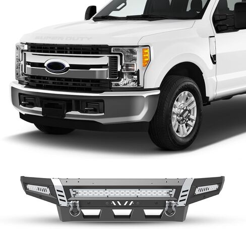 المصد الأمامي WolfX متوافق مع Ford F250 F350 F450 Super Duty 2017 2018 2019 2020 2021 2022 F-250 مصد الطرق الوعرة من الفولاذ عالي التحمل مع حلقتين على شكل حرف D مع 2 مصباح جراب in Kuwait